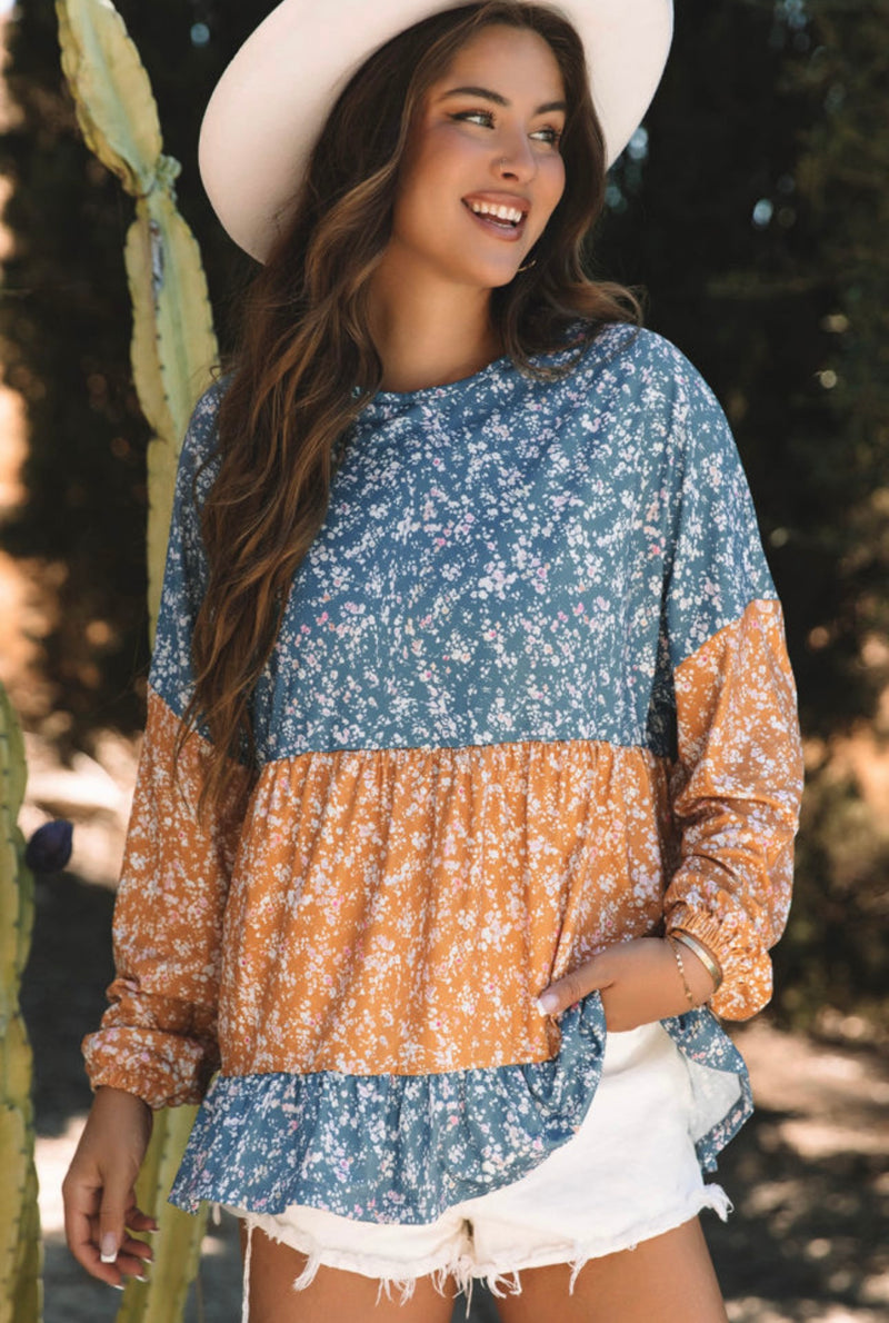 Floral and Ruffle Round Neck Top