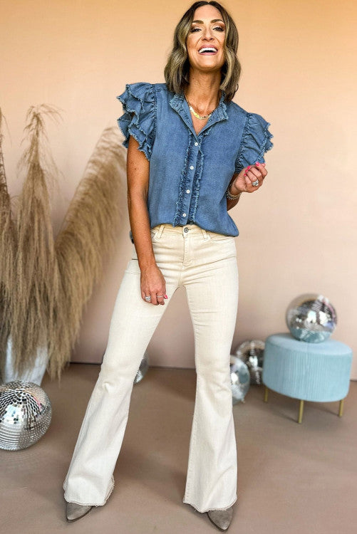 Ruffle Frayed Denim Top