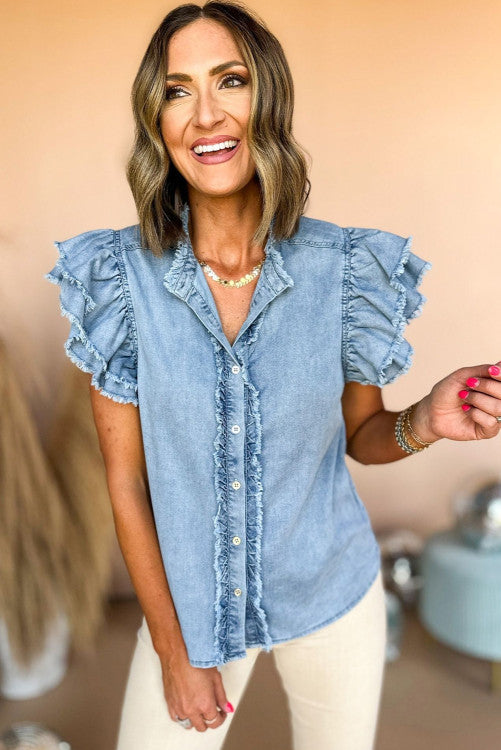 Ruffle Frayed Denim Top