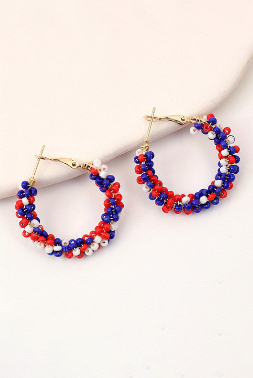 Red white blue beaded hoop earrings