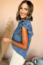 Ruffle Frayed Denim Top