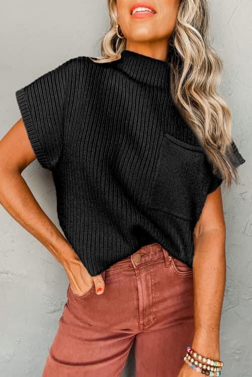 Ribbed Mock Neck Short Sleeve Sweaters