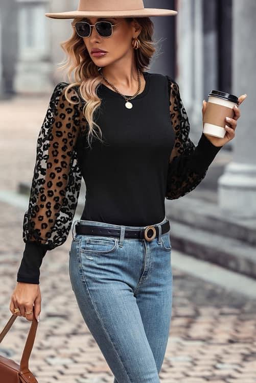 Leopard Mesh Puff Sleeve Top