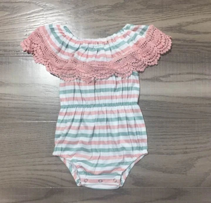 Pink and Green striped Romper 0-3 Months