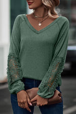 Green Crochet Lace Balloon Sleeve Top