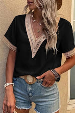 Embroidered trim v-neck shirt sleeve top