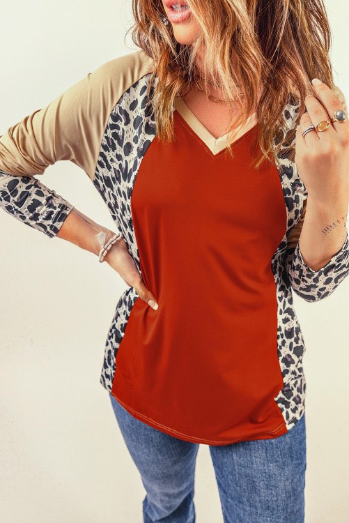 Silky brick red and leopard v-neck