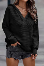 Ribbed V-Neck Hooded Sweater