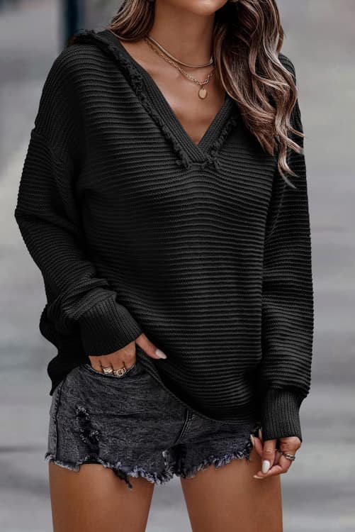 Ribbed V-Neck Hooded Sweater