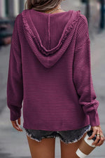 Ribbed V-Neck Hooded Sweater