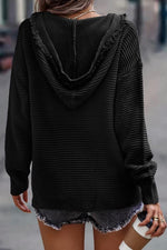 Ribbed V-Neck Hooded Sweater